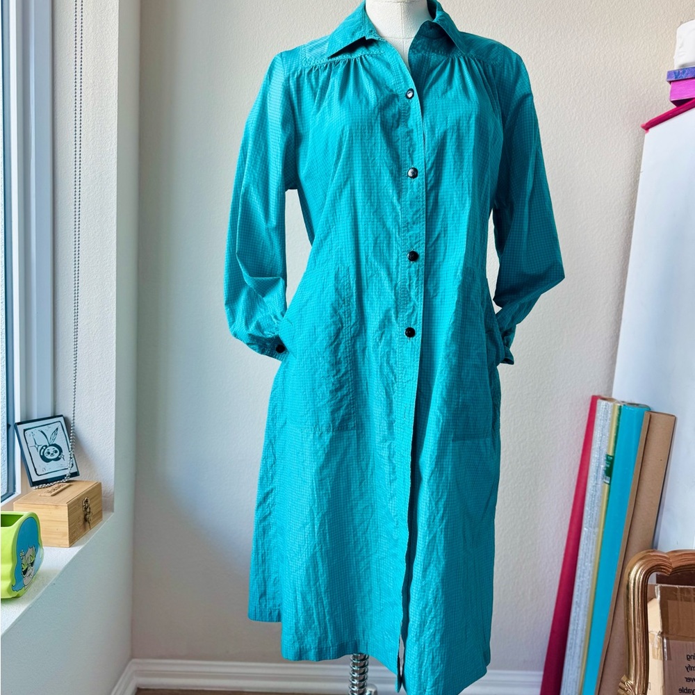 Vintage Teal Long Women's Raincoat - Picture 4 of 12